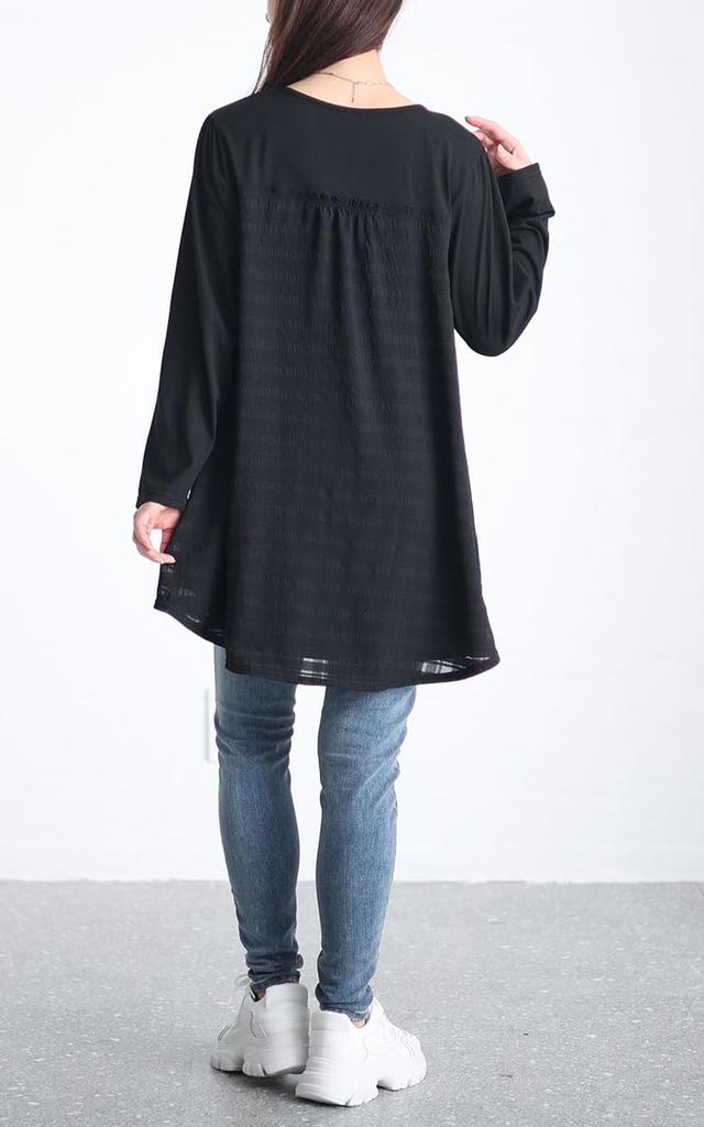Gold Japan Plus Size Long Check Black Women's Tunic, Sleeve, A-Line, Flared, Pattern, Stretch, Gathered, Winter, Spring, Autumn, Cast-5542019, 3L,