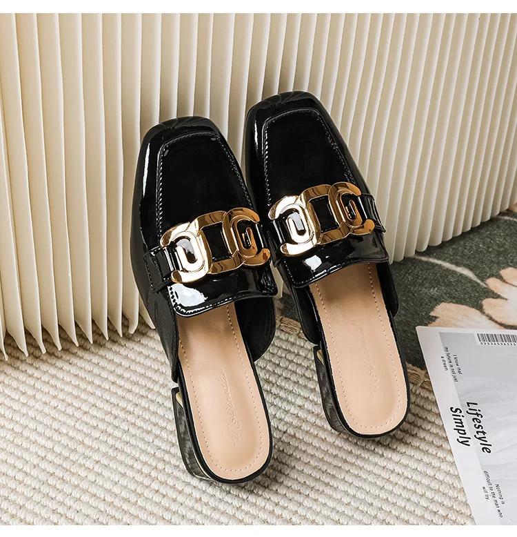 New Women Shoes Modern Leather Slipper Summer Girl Patent Leather Slides High Heels Sandals