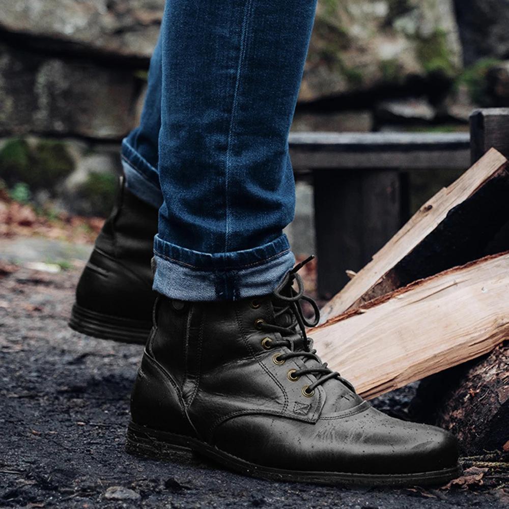 Fashion Men Motorcycle Boots  Ankle Vintage Retro Lace Up Zip Fashion Good Quality Brown Classics Casual Shoes For Male Plus Size 38-48