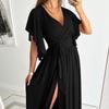 Women's V Neck Maxi Dress Short Sleeve Wrap Front High Slit Elegant Party Dress