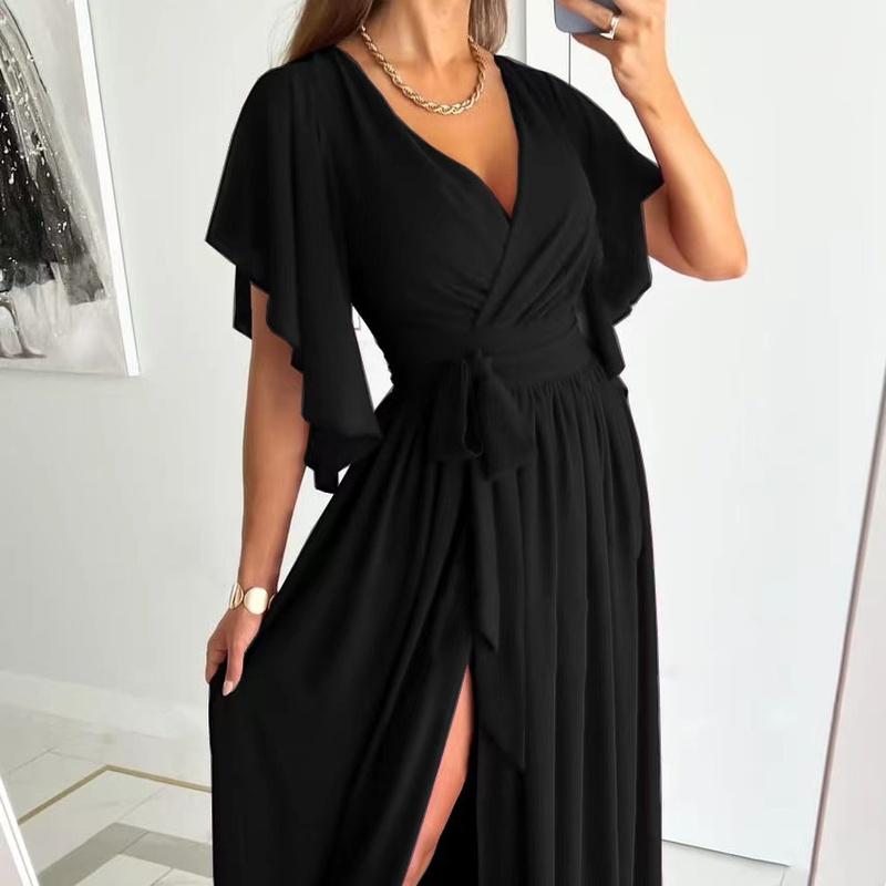 Women's V Neck Maxi Dress Short Sleeve Wrap Front High Slit Elegant Party Dress