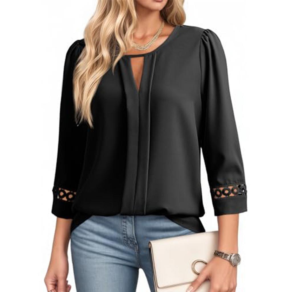 Women's Fashionable Casual Elegant Hollow Out Sleeve Lace Color Seven Quarter Sleeve Top