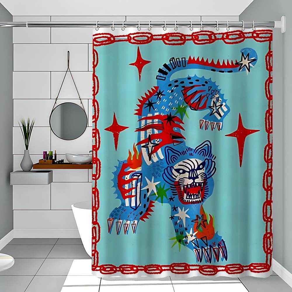 Vintage Abstract Animals Print Waterproof Polyester Shower Curtain Waterproof Bathroom Curtain Liners 90x180cm With 12 Hooks