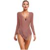 Womens Performance Bodysuit Deep V Neckline Long Sleeve Backless Style Glittery Rhinestones Fringe Dance Leotard