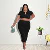 MY676 Plus Size Womens Knit Long Sleeve Crop Top Maxi Skirt Set Black Milk Silk Casual Outfit 2025