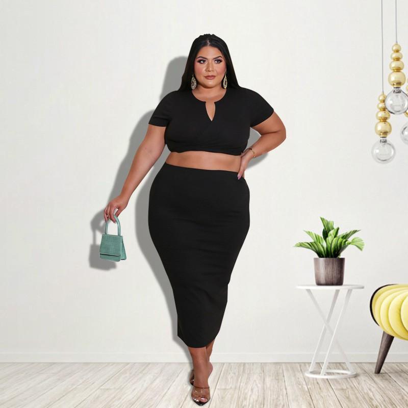 MY676 Plus Size Womens Knit Long Sleeve Crop Top Maxi Skirt Set Black Milk Silk Casual Outfit 2025