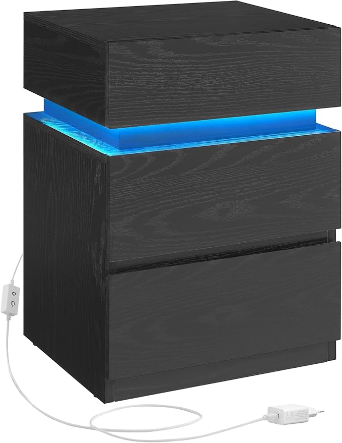 Vasagle LET630T56 Bedside Table with LED Lighting, Side Table, Bedside Cabinet, Sofa Table, Adjustable Colours, 3 Drawers, Bedroom, Modern