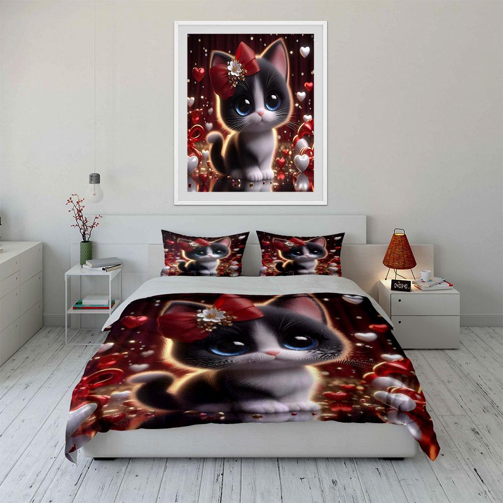 3Pcs Cute Cat With Heart Decorations Duvet Cover Set With 3D Printing Design Soft Polyester Bedding Set All-Season Comfort