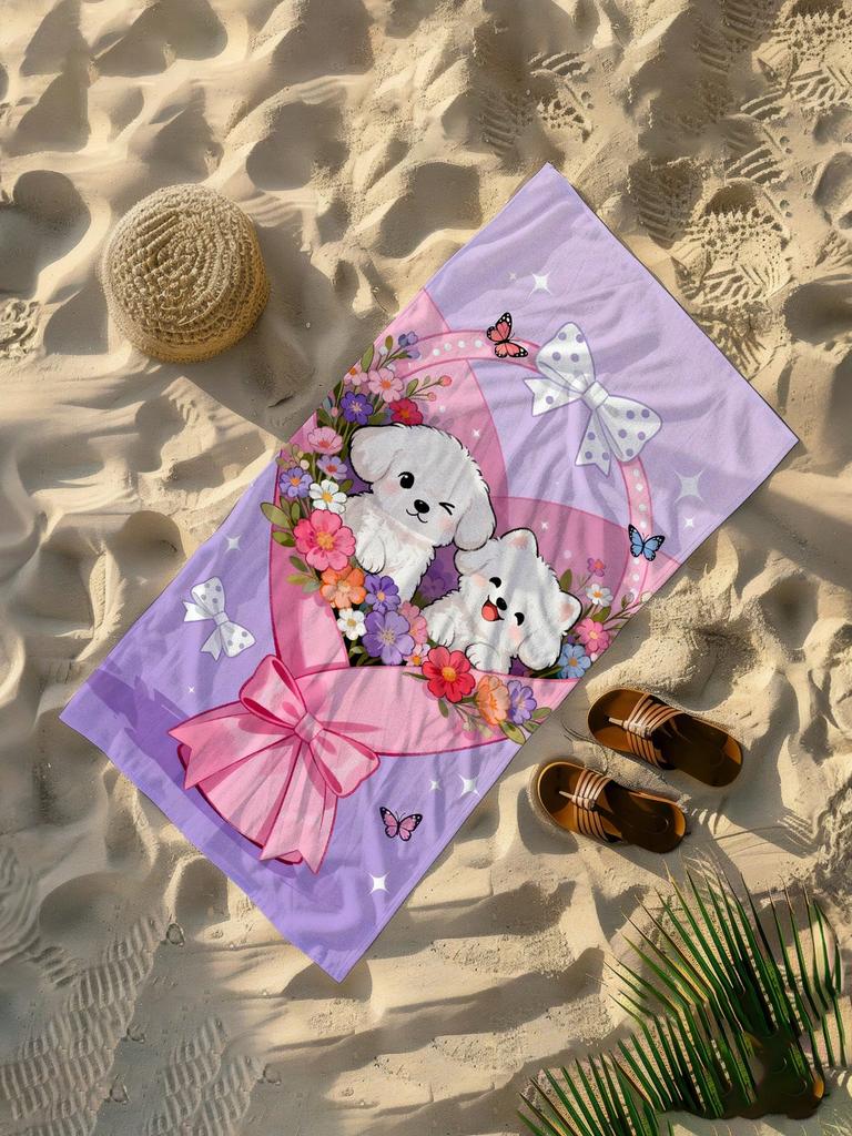 Cute Puppy Flower Bouquet Beach Towel,Microfiber Soft Absorbent Quick Dry,Oversize for Beach Pool Travel,Cartoon Dog Print Towel