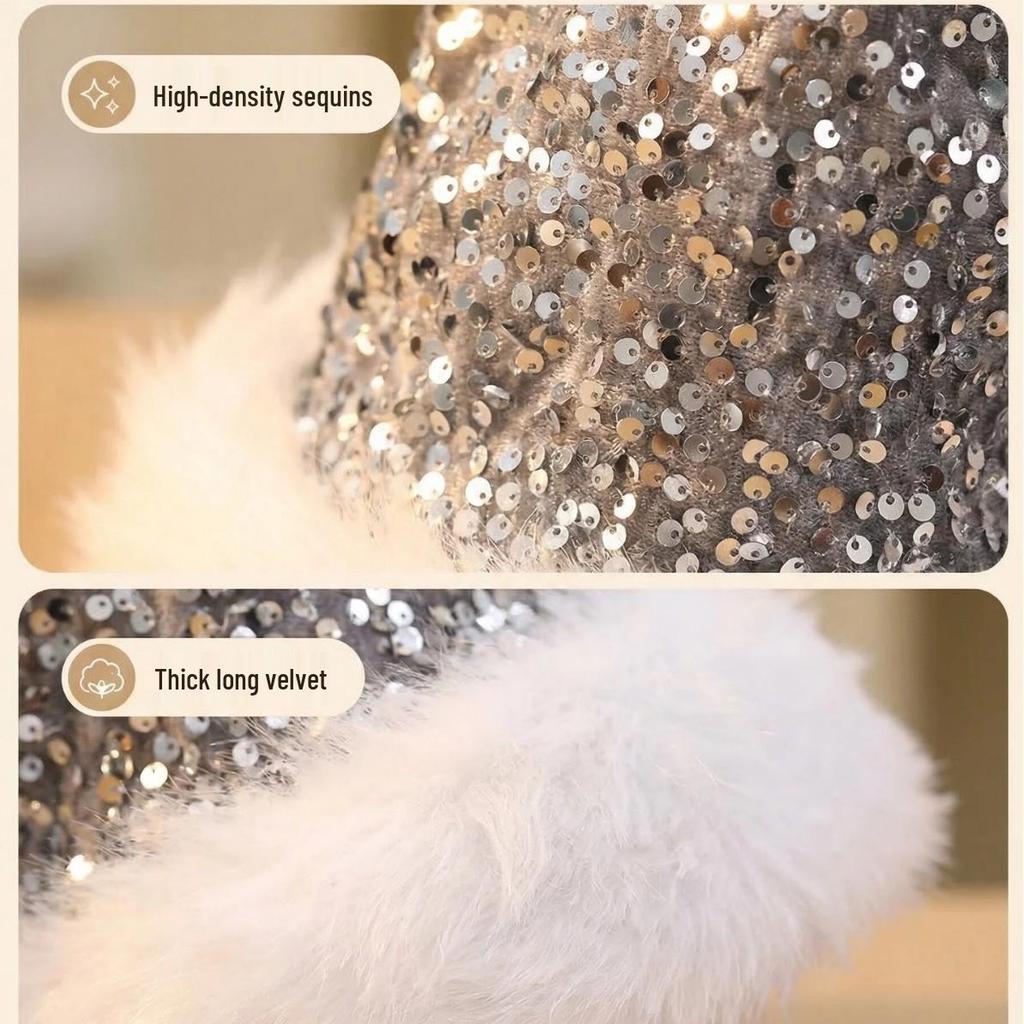Shanghai Style Double-Layer Sequin Christmas Hat - Thick Wool with Long Fur, 32x45CM