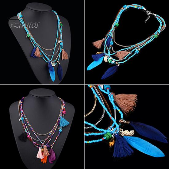 Women's Boho Ethnic Style Feathers Tassels Beads Multi-layer Chain Necklace