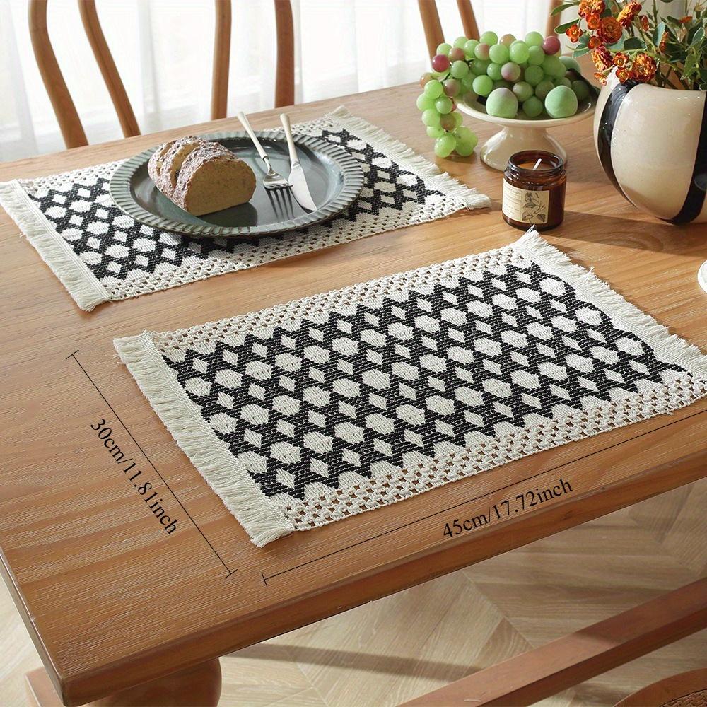 1Pc Woven Colorblock Striped Tassel Cotton Linen Rope Placemat for Holiday Home Party Tabletop Decoration