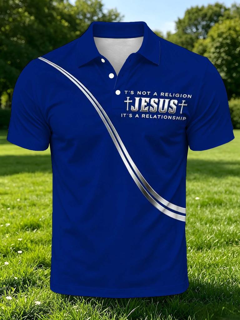 Men's Outdoor Short-Sleeve Polo Shirt with Printed Design (Not Textured), Available In Multiple Sizes. Men's Lapel Polo with Blue Base and English