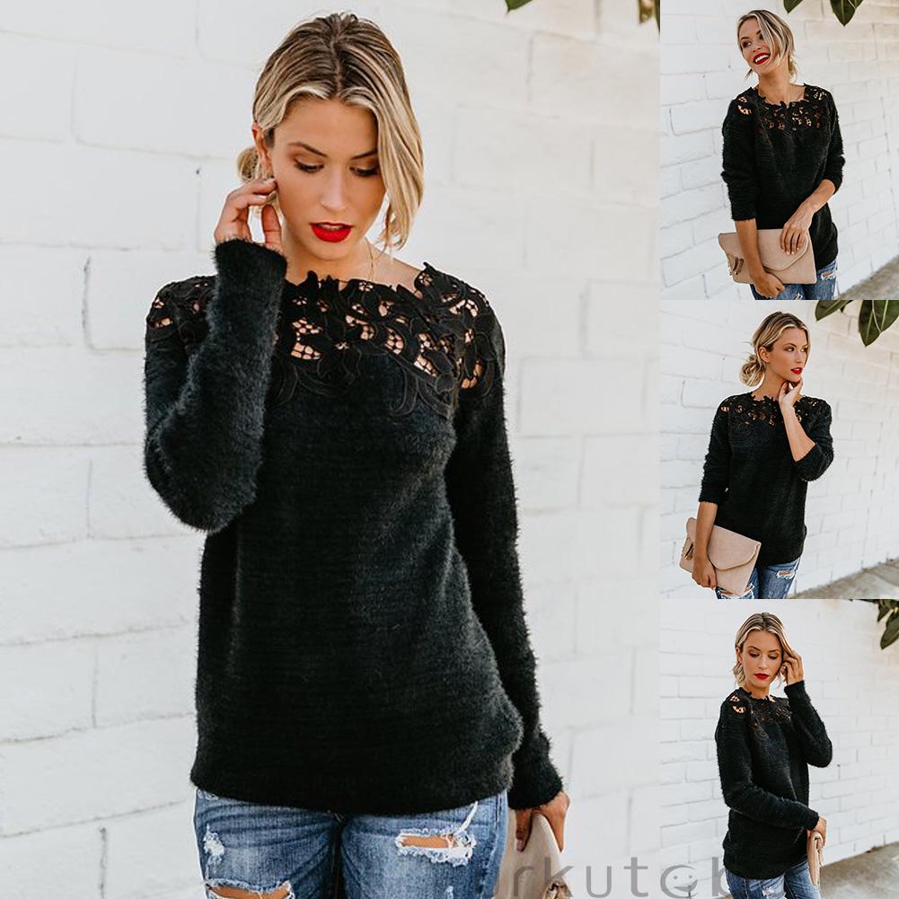 SCIONE Pullover Damen Sexy Spitze Hohl Strickpullover Langarm Pullover Tops Damen Jumper Out Strickwaren