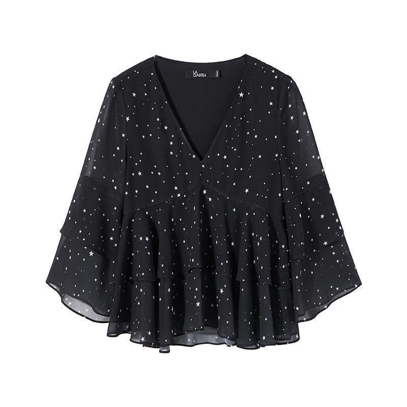 Chiffon-Top Damen Sommer Neu Sternbedruckt V-Ausschnitt Chiffon-Shirt Damen Dreiviertelarm Schwarz Vielseitige Bluse