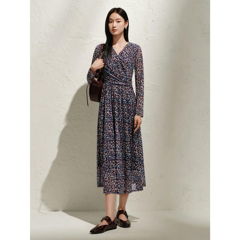 

JUZI ANNACOLE Elegant Floral V-Neck Chiffon Waist-Cinching Dress M