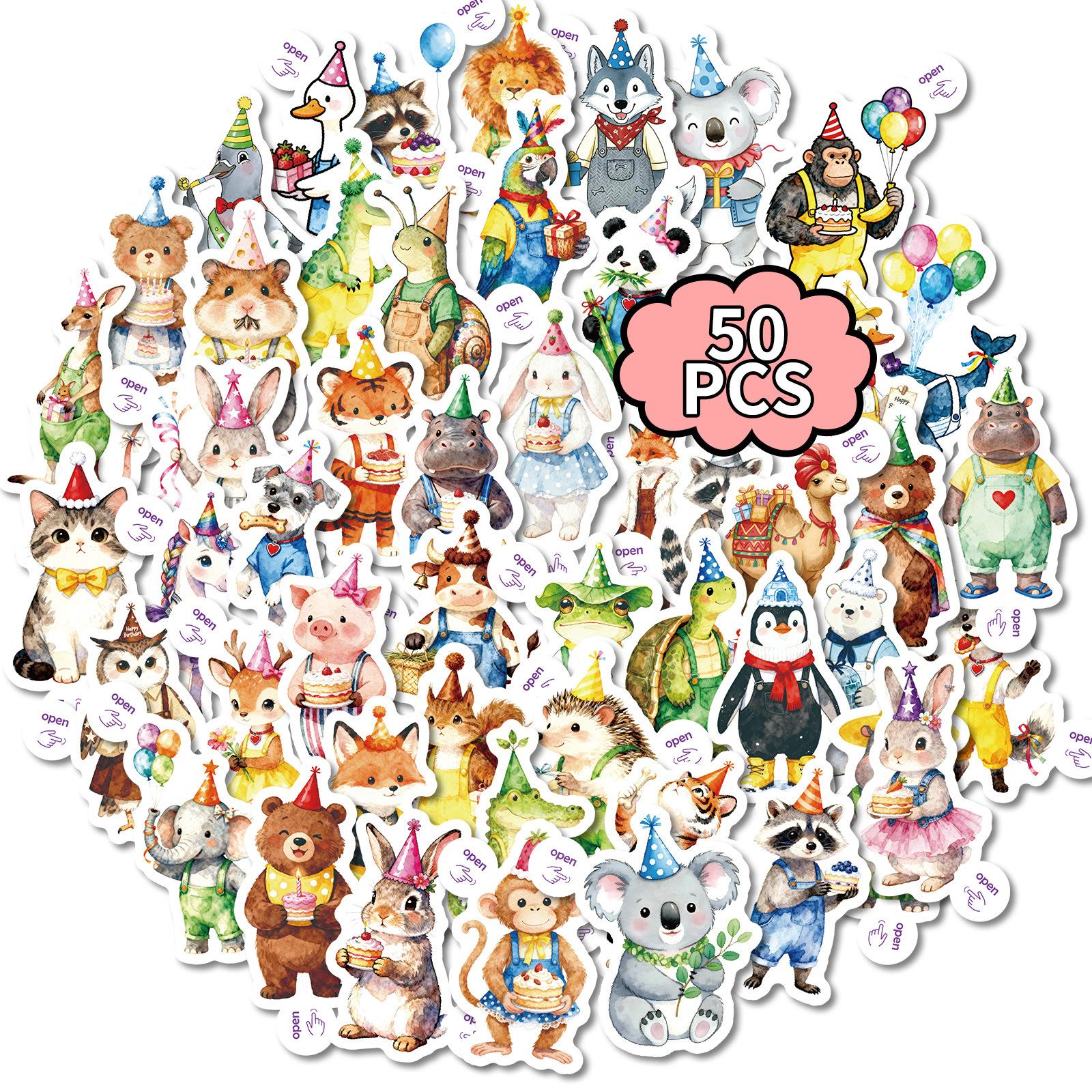 

50 Hand-Painted Watercolor Wind Cute Animal Birthday Party Theme Graffiti Sticker Easy To Tear Small Handle