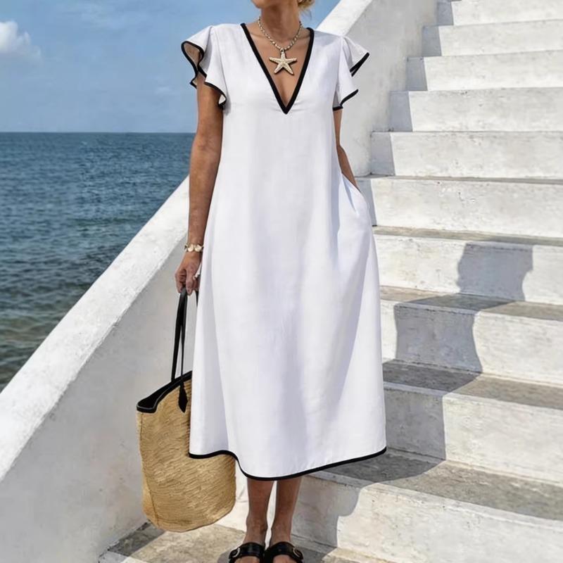 Women V-Neck Color Block Trim Ruffle Sleeve Midi Dress With Pockets S белый