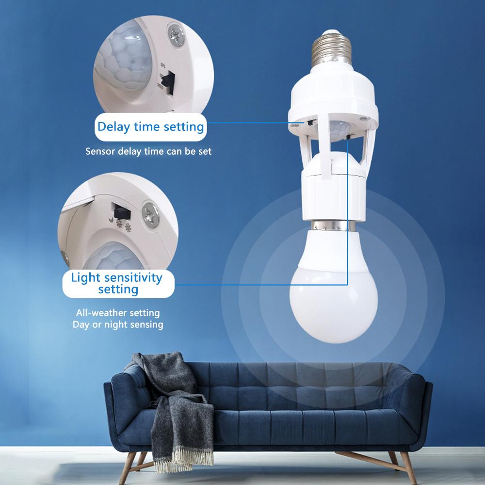 LED lampa se senzorem pohybu, základna se zásuvkou E27, konvertor, držák žárovky AC100-240V, spínač, nastavitelný PIR senzor pohybu osob