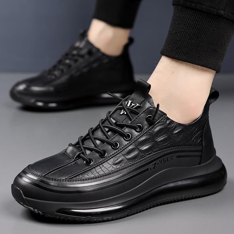 Sports leather shoes men's new crocodile pattern casual popcorn black shoes men's trend