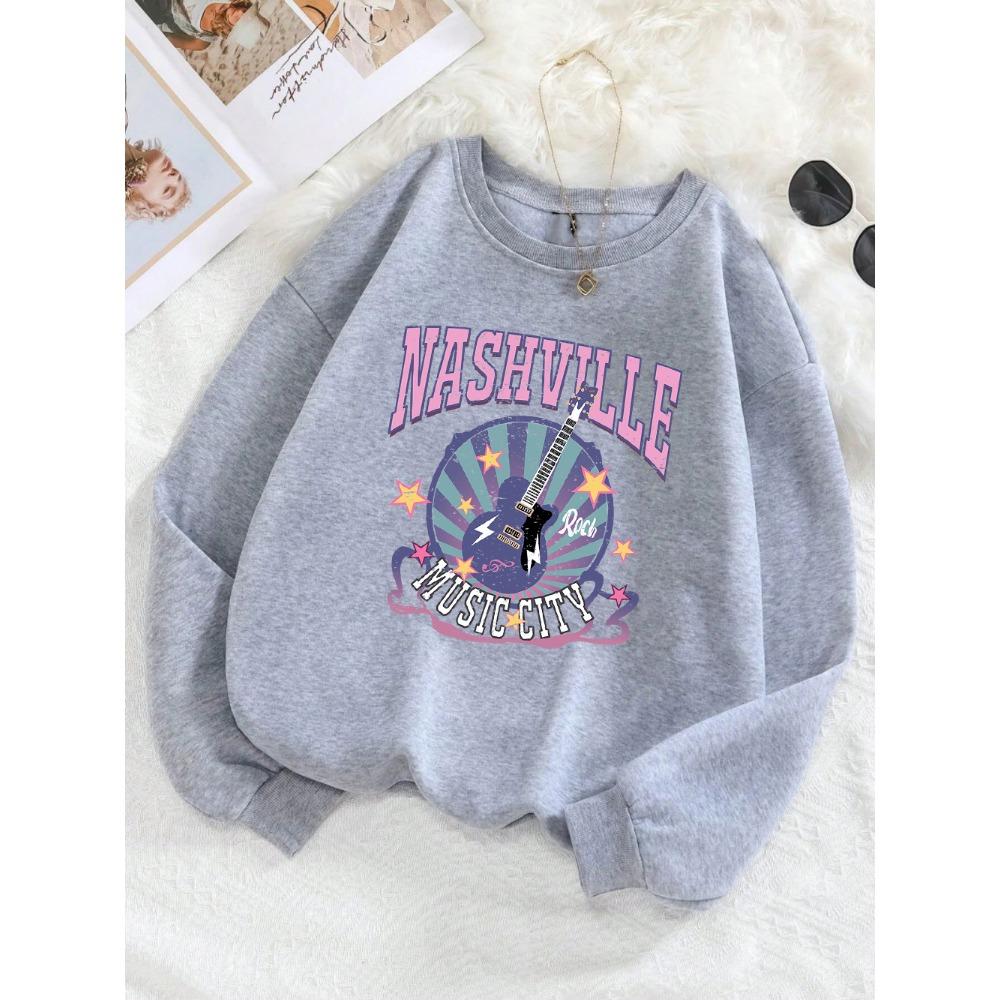 Street Damen Pullover Nashville Music Cith Poster Druck Hoodie Rundhals Locker Weiches Sweatshirt Herbst Damenkleidung