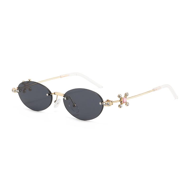 Jennie Style Frameless Oval Sunglasses with Rhinestones & Anti-Blue Light Lenses