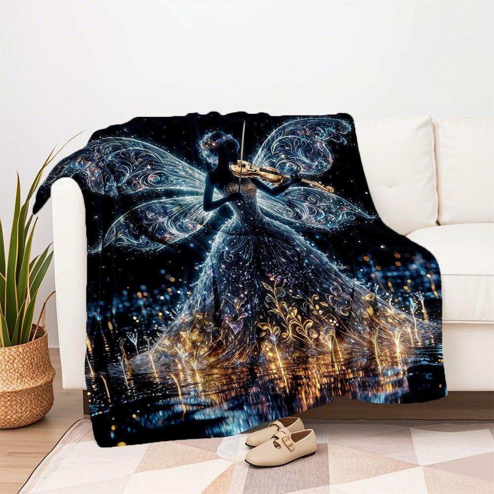 "Enchanted Fairy Violinist Wall Art Print"Blanket Flannel Throw Blanket for Sofa, Bed, Travel, Camping, Office, Couch, Chair, And Bed Gift F