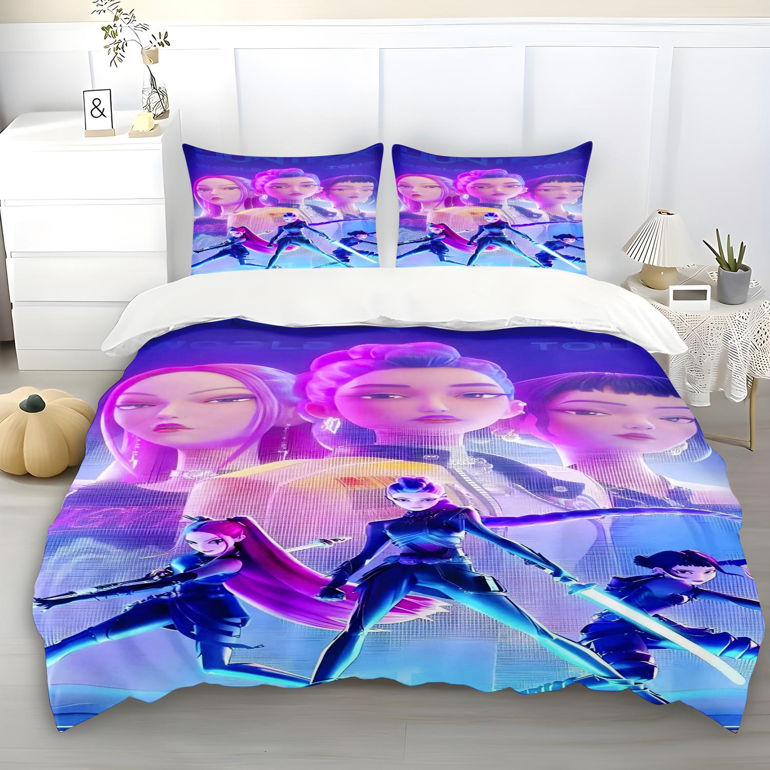

K-Pop Постільна білизна набір Тематичний барвистий принт Мисливці на демонів Поліестер Студентський гуртожиток Простирадло Підодіяльник Дитячий подарунок Домашній текстиль 135x200cm&set