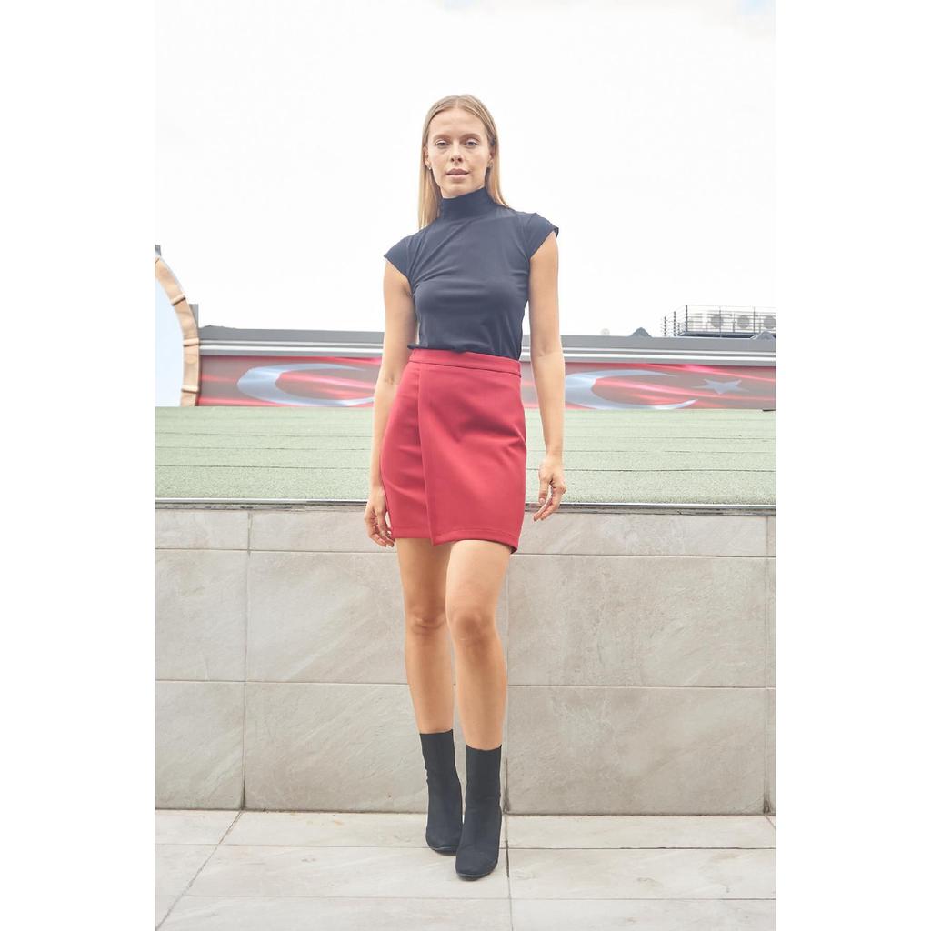 Women's Lightweight Lycra Fabric High Waist Wrap Double Breasted Lightweight Mini Pencil Skirt - Black