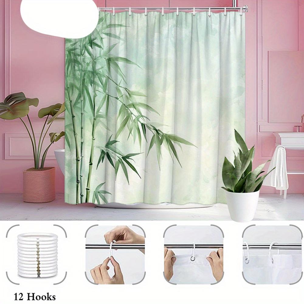 1Pc Bamboo Watercolor Shower Curtain - Slender Green Bamboo Stalks & Narrow Leaves On Soft Pastel Gradient, Machine Washable