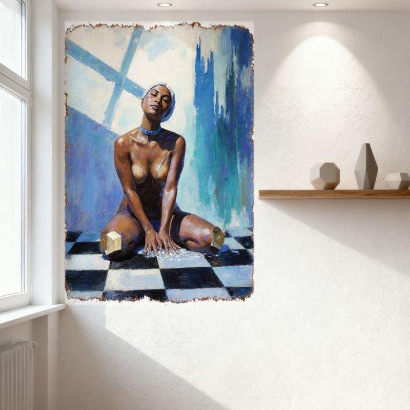 Sexy Impressionistic Nude Black Woman On Checkered Floor Tin Sign, Blue Choker & Beads, Light Blue Wall with Cross Window, Vinta