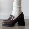 Cowhide Version~ Retro British High-heeled Small Leather Shoes Women's Thick Heel One-pedal Loafers Square Head College Style Jk Women's Shoes