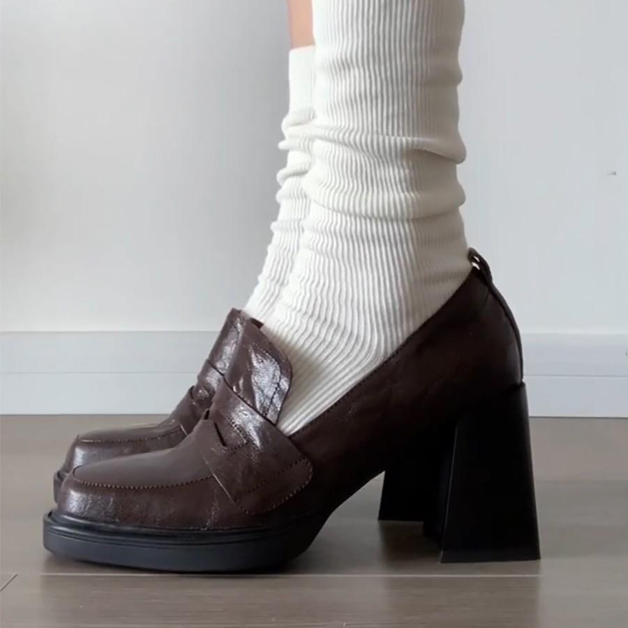 Cowhide Version~ Retro British High-heeled Small Leather Shoes Women's Thick Heel One-pedal Loafers Square Head College Style Jk Women's Shoes
