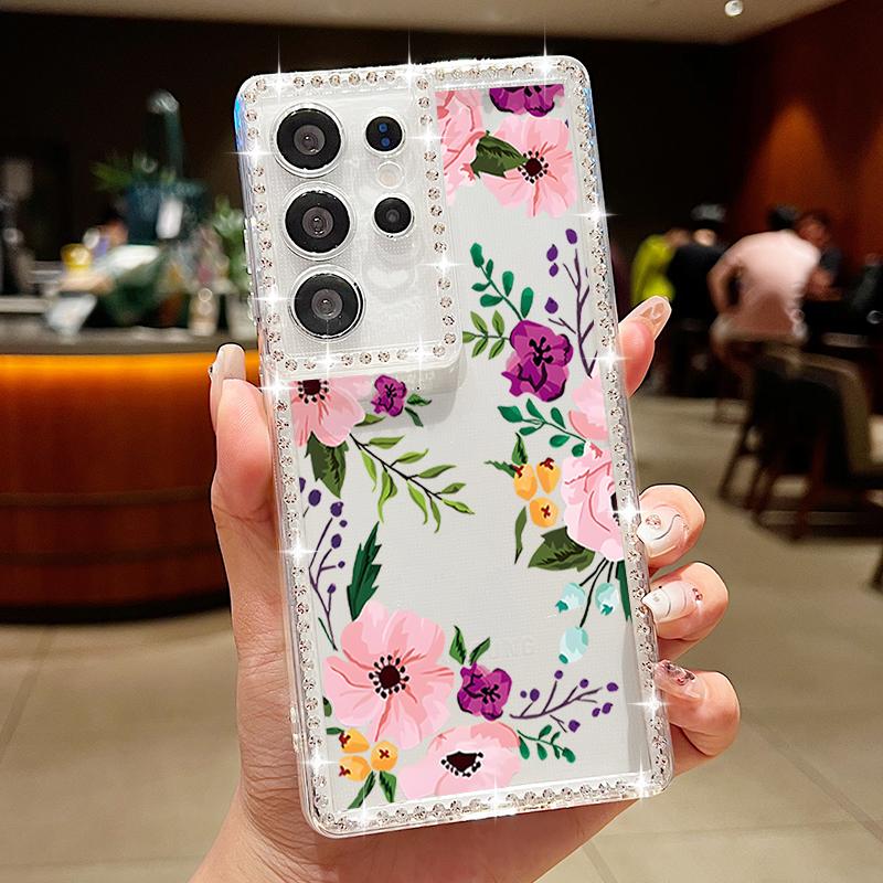 Ladybug Flowers Print Phone Case For Samsung Galaxy A55 A56 A54 A36 A15 A26 A16 S25 Edge S24 S22 Ultra S23 FE Diamond TPU Cover