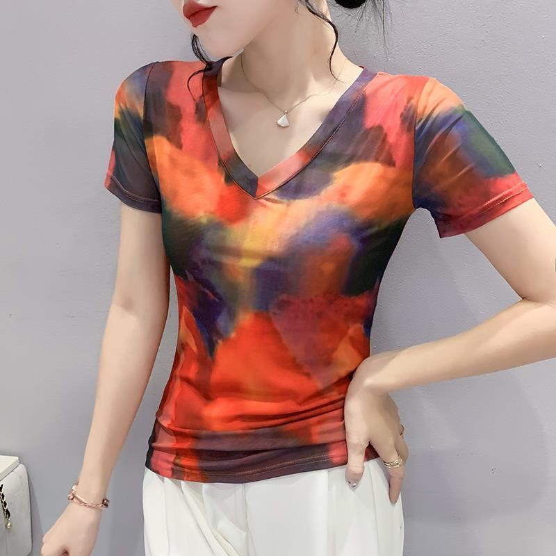 

Европейская сетчатая футболка с V-образным вырезом Ombre для женщин - Лето 2025 г., модная блузка с коротким рукавом Extra Large