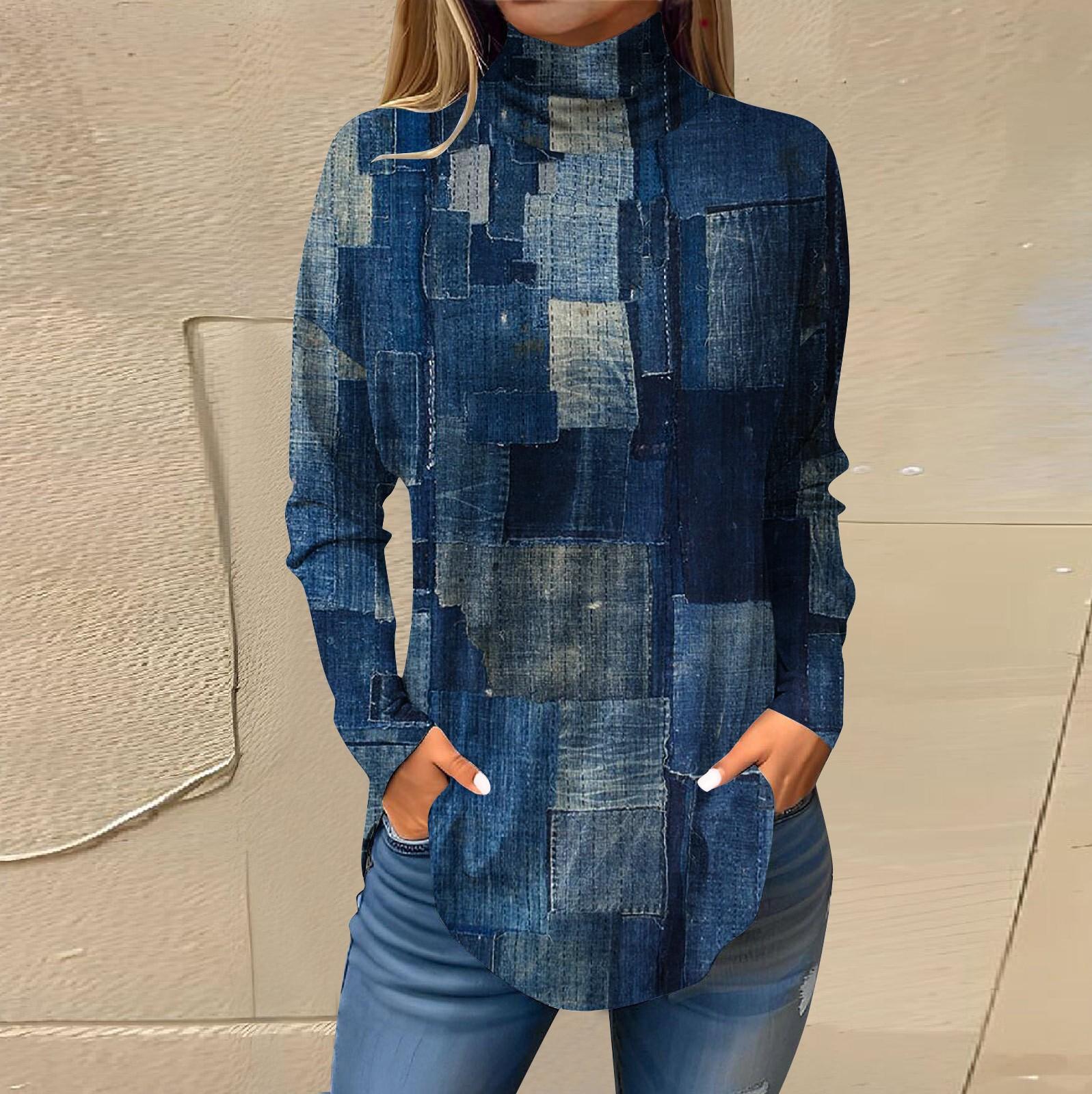 

Футболки для женщин, осенние повседневные рубашки с длинными рукавами, толстовка с винтажным принтом, топ с высоким воротом, пуловер XXXL