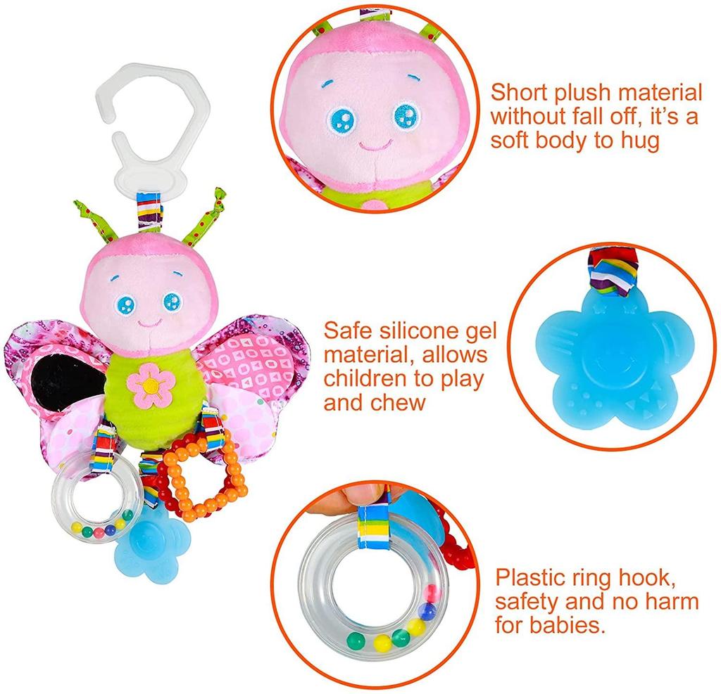 Giocattoli per passeggino e giocattoli per seggiolino auto per neonati con massaggiagengive, giocattoli per passeggino sospesi, clip per bambini in morbido peluche per ragazzi e ragazze 3-12 mesi
