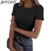 BITCED Women's Short Sleeve Stretch O-Neck Ribbed T-Shirt Fitted Casual Basic Top