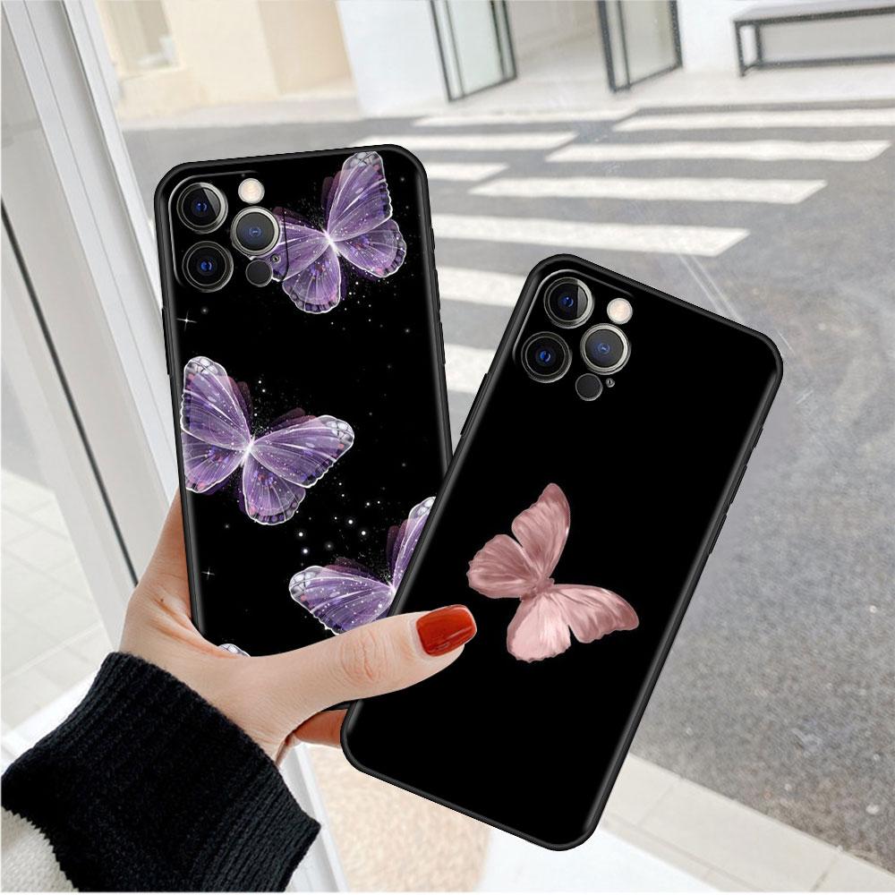 Custodia Per Apple iPhone 14 11 13 7 12 Pro 7 XR XS Max 8 Plus 6 14Pro Nera Morbida Telefono Coque Funda Rosa Bellezza Farfalla