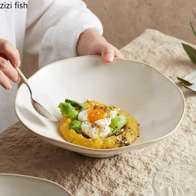 Beige Color Ceramic Bowl Irregular Dessert Bowl Soup Bowl Spaghetti Bowls Salad Bowls Deep Bowls Molecular Cooking Tableware