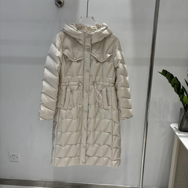Womens Mid-Length Down Coat With Hood Slim Fit Knee-Length Lightweight Warm Outerwear In Black Beige Coffee Forest Green