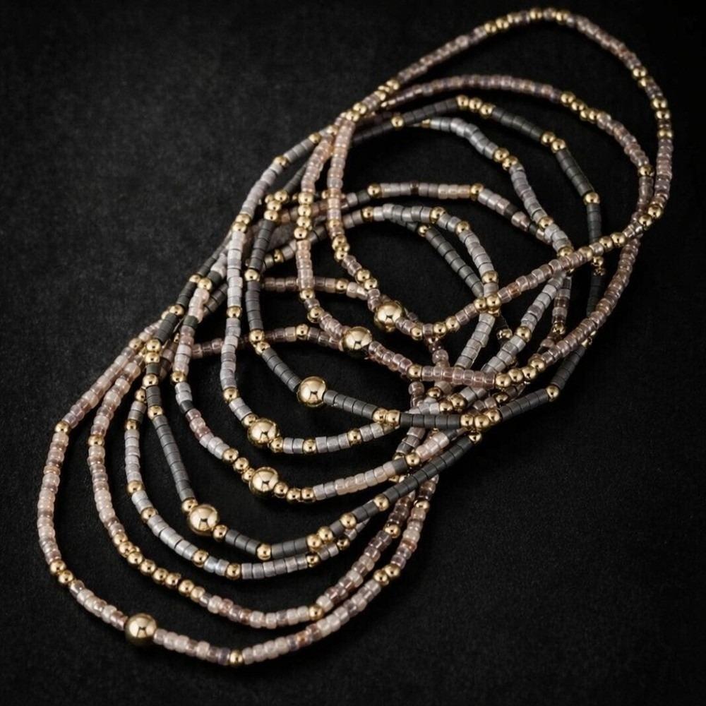 9pcs Set Multi-Layer Handmade Bracelet Set Elastic Bead Bangle Set Women Daily Wear