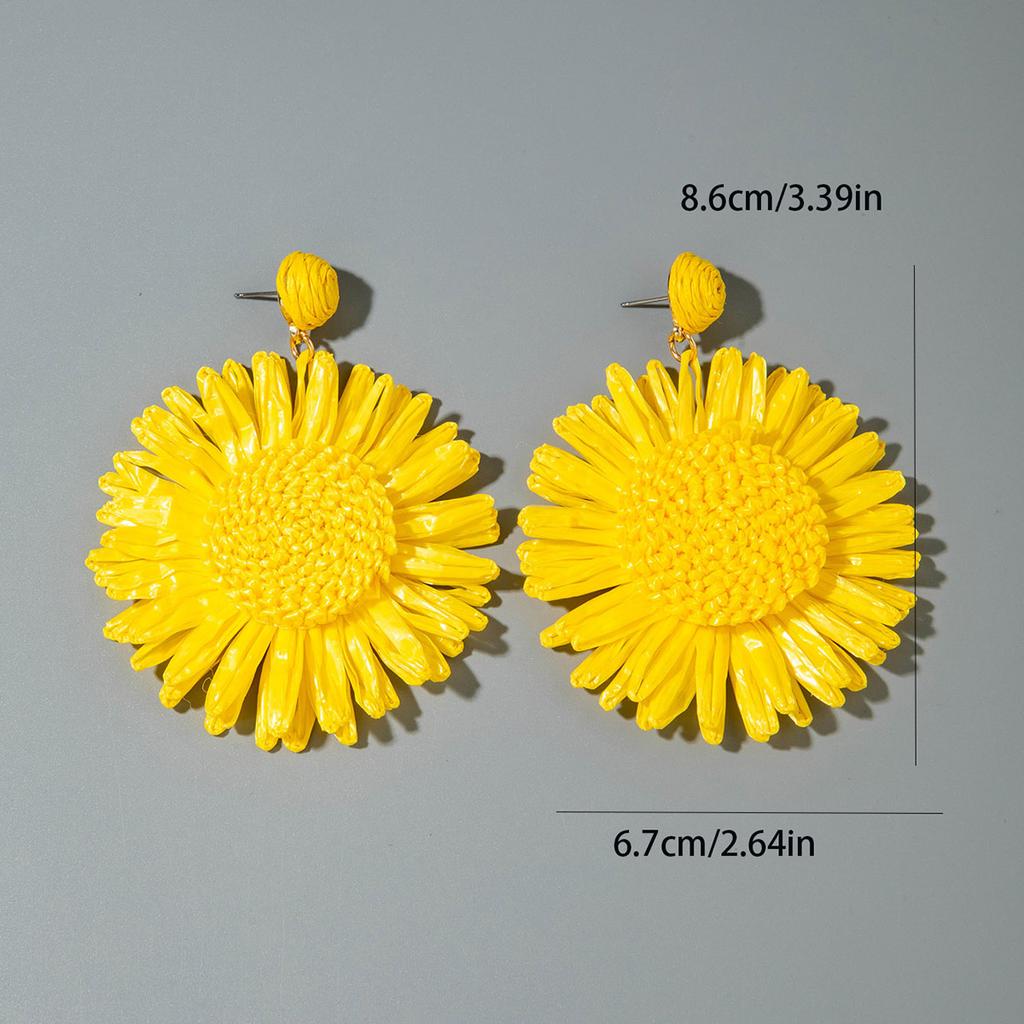 Tocona Bohemia Handmade Colorful Raffia Sunflower Dangle Earrings For Women Vintage Summer Vacation Beach Style Statement Jewelr