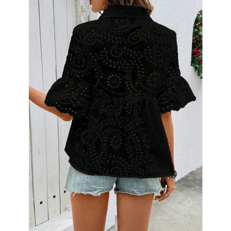 Womens Eyelet Embroidery Peplum Shirt With Point Collar And Ruffle Short Sleeve Casual Blouse