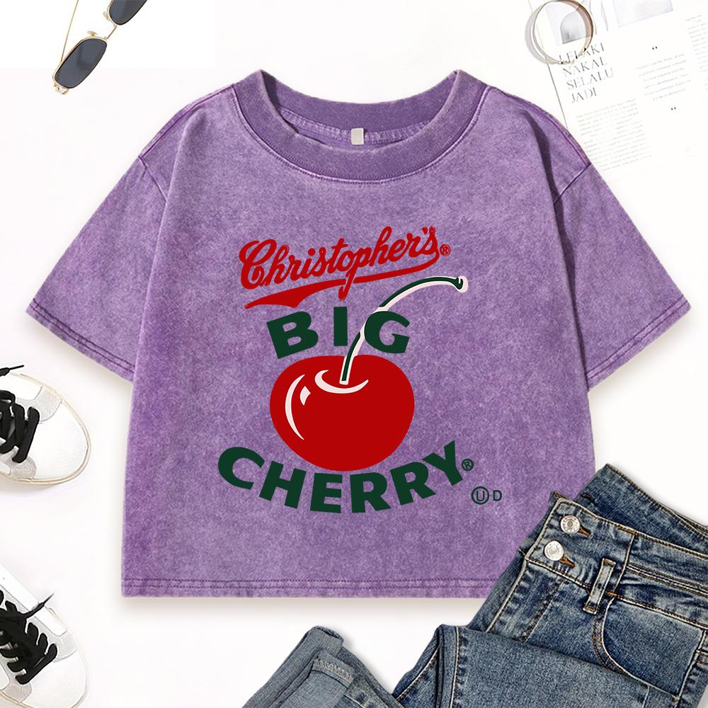 Red Cherry Fruit Printing Washed T-Shirt Woman Fashion Cotton T Shirts Crewneck Clothes Soft Vintage Short Sleeve
