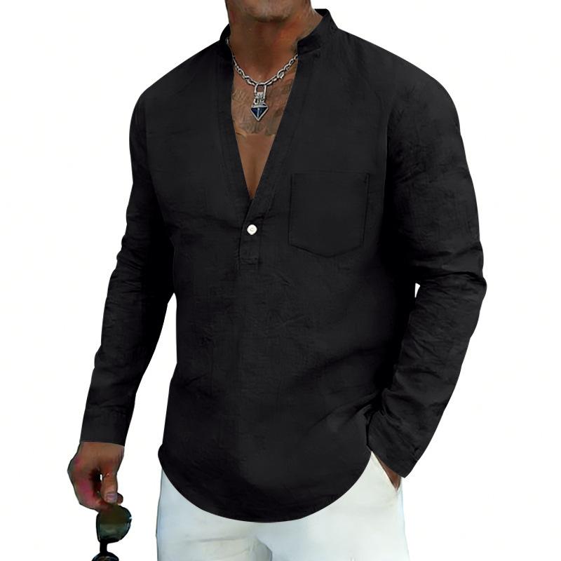 Men S Loose Linen V Neck Long Sleeve Casual Shirt For Spring Autumn