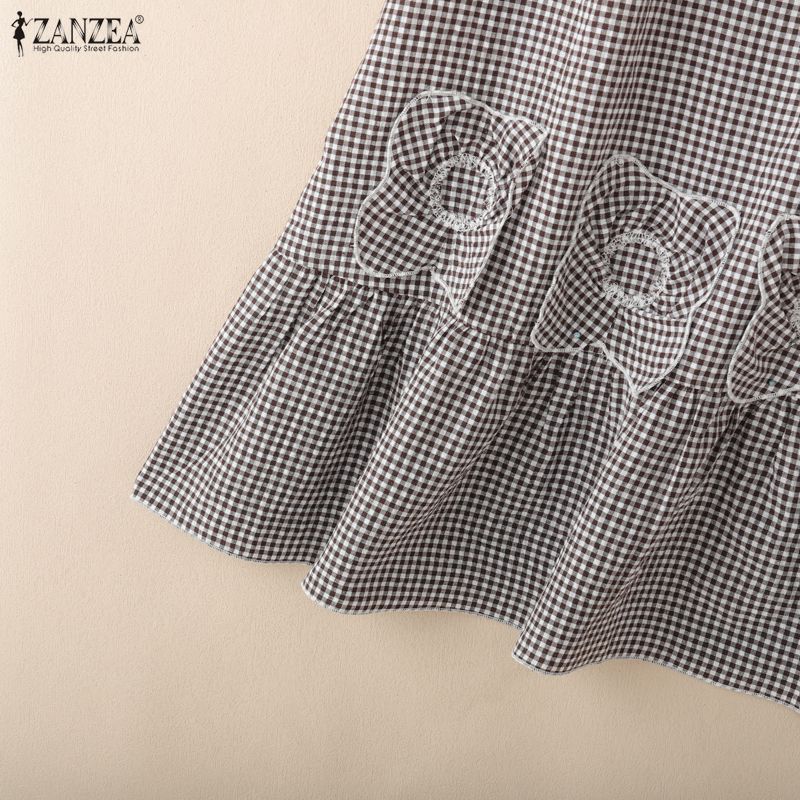 ZANZEA Women Casual Round Neck Summer Sleeveless Grid Print Dress