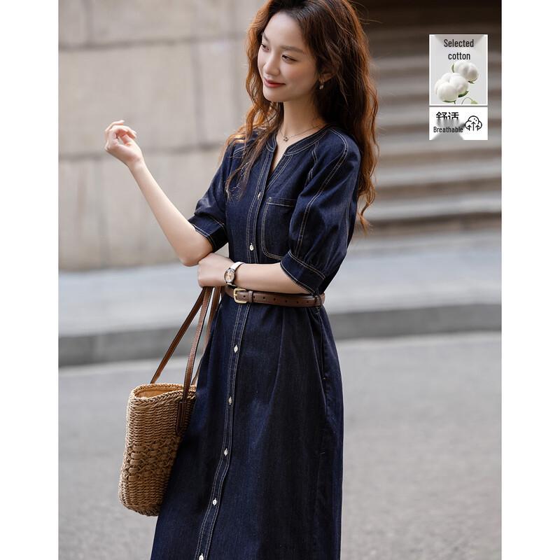 Demana Cloud Cotton V-Neck Belted Denim Dress