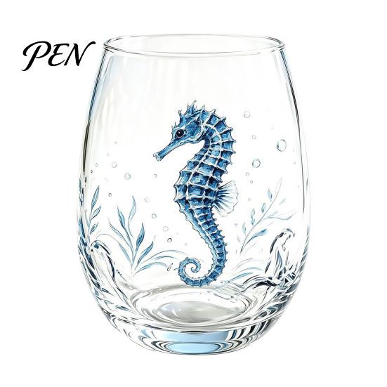 Beach House Kitchen Decor Marine Animal Theme Clear Glass Tumbler, Handcrafted Painted Glassware, Artistic Nautical Decorative Cup Creative