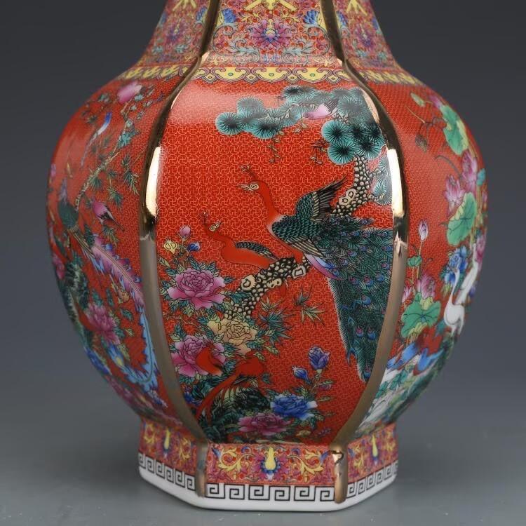 Qianlong Enamel Orange Flower And Bird Hexagonal Vase Antique Jingdezhen Porcelain Home Chinese Decoration